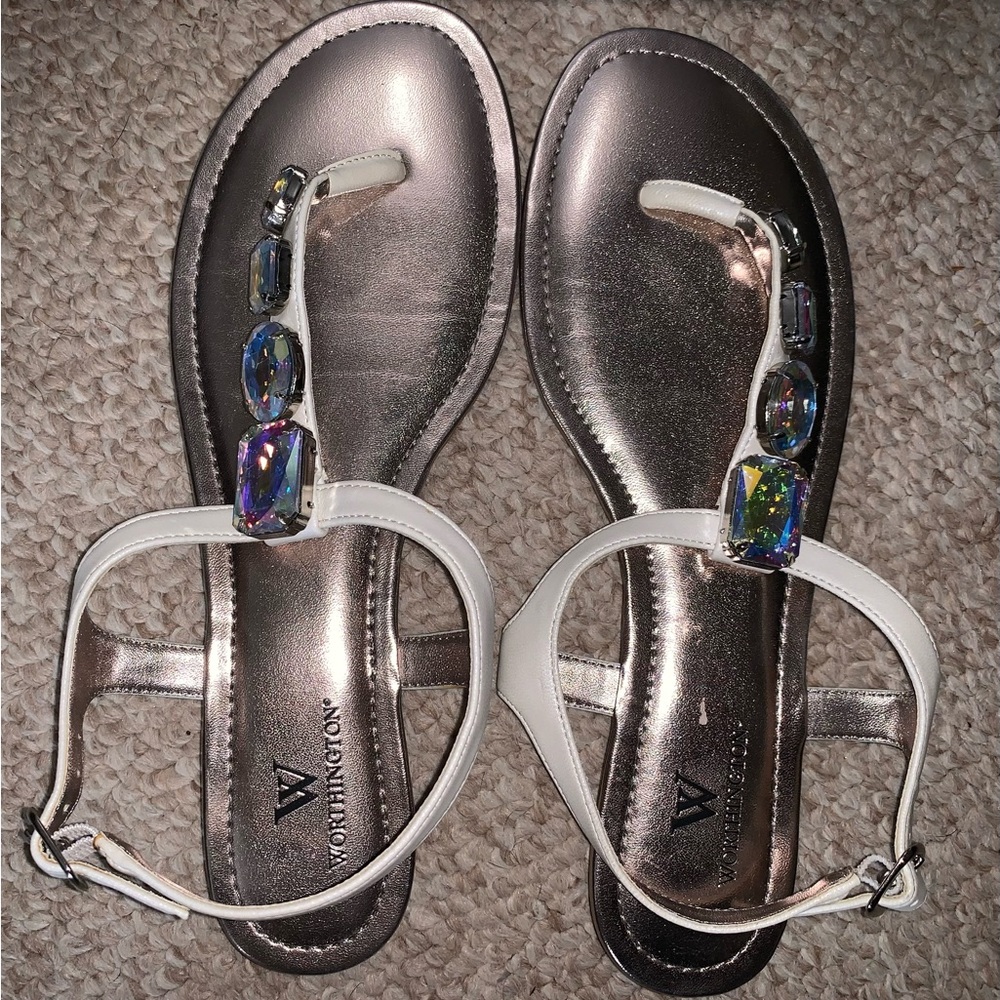 Worthington White and Metallic Sandals with Gem Accents